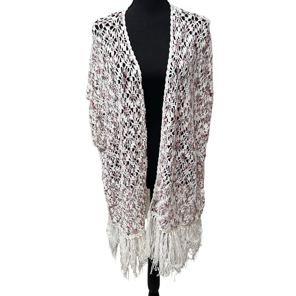 POL Knit Crochet Duster Cardigan Long Coverup White Women's Medium Boho Floral
